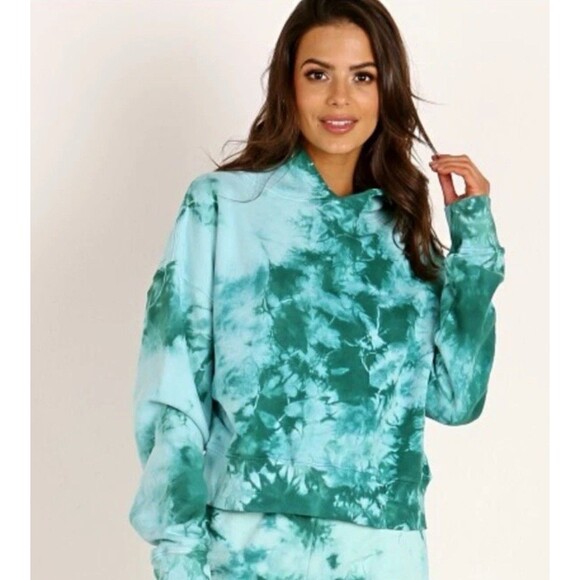Frankies Bikinis Burl Sweatshirt Tie Dye Hoodie Cropped Blue Green Aqua Medium - Picture 1 of 6